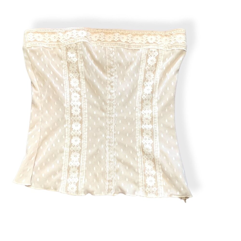 Vintage Ivory Steampunk Lace Strapless Top Polka Dot Floral Sz L Made In USA Y2K